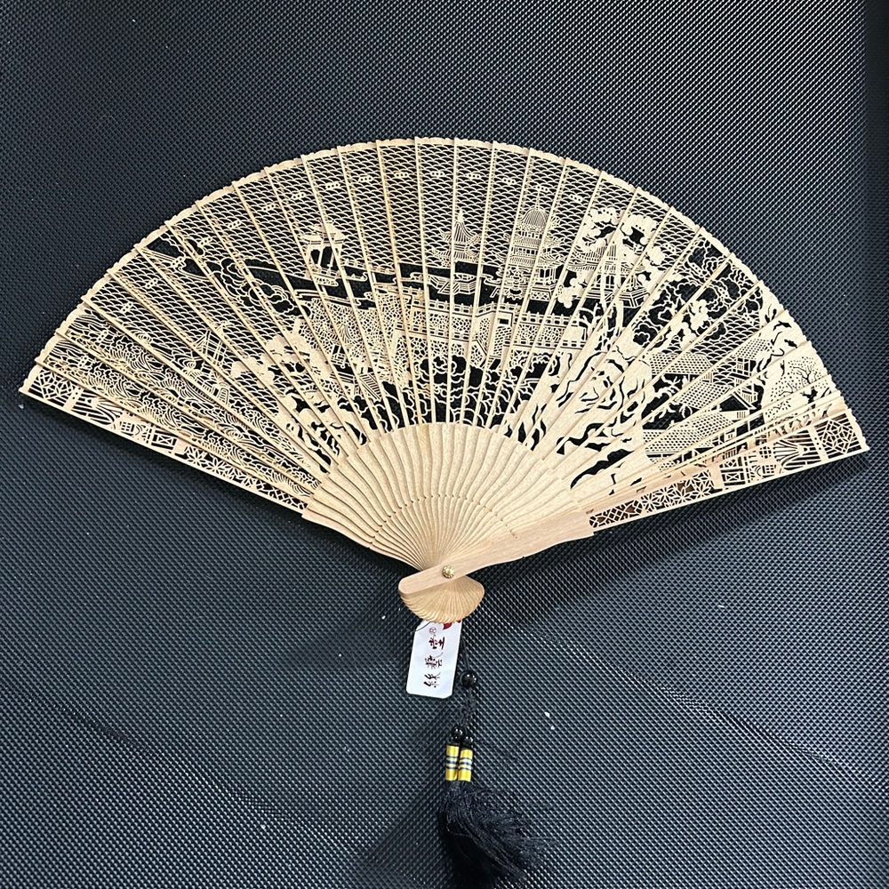 Intricate Beige Hand Fan with Tassel